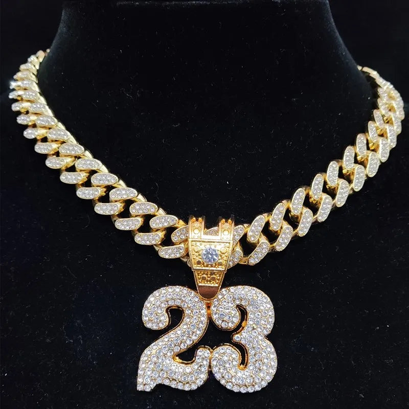 KS-Jewels™ Collier Hip Hop Iced Out Numéro 23 avec Pendentif en Cristal et Chaîne Cuban